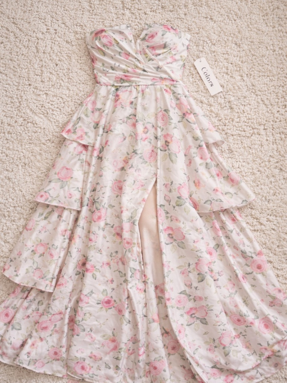 Colors Couture Pink Floral Mikado Strapless Tiered Slit Gown 4 NWT Cottagecore - Picture 5 of 6